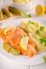 Fresh weiner schitzel original, mashed potatoes