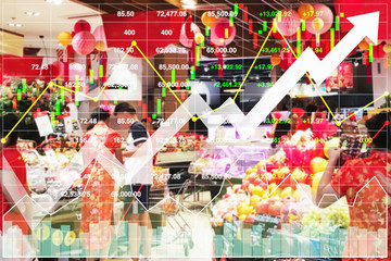 Stock financial index shown successful growth up on investment in Chinese festival sale business event with graph and chart background.