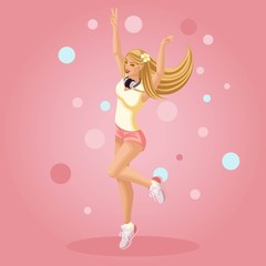 Isometrics girl rejoices, jumps, teenager, generation Z, bright background summer clothes. Isometric vector illustration