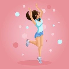 Isometrics girl listens to music, jumps, teenager, generation Z, bright background summer clothes. Isometric vector illustration