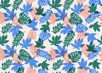 Seamless tropical pattern. Tropical plants and palm leaves in coral, teal and blue colors. Floral background. Fashion print for textile, fabric, covers, wallpapers, print, gift wrap