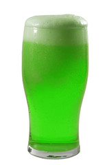 March meme and Happy St patrick's day concept with frosty glass of frothing green beer and the froth almost spilling over the glass, isolated on white with a clip path cut out