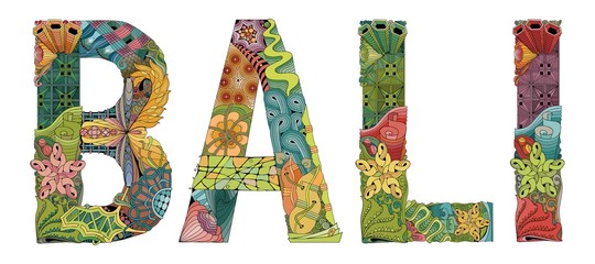Word BALI. Vector decorative zentangle object for decoration