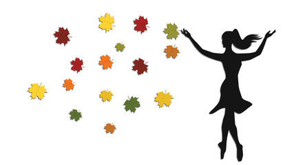 Silhouette of a girl with bright autumn leaves - isolated on white background - flat style - art vector