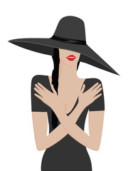 Original modern girl in a dark hat, red lips, long braid, hands on chest - isolated on white - art vector