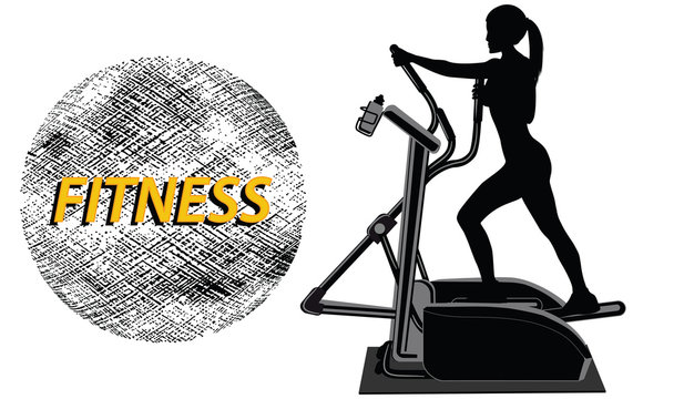 Silhouette of woman on stepper simulator - Flat style - Emblem Fitness - isolated on white background - art vector