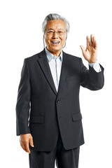 Asian old businessman in suit waving hands with congratulations in white background