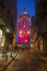 Fototapeta na wymiar Galata Tower with Turkish Flag (Editorial)