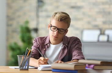 Teenager boy doing homework at home