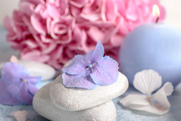 Obraz na płótnie Canvas Spa stones with hydrangea flower on table