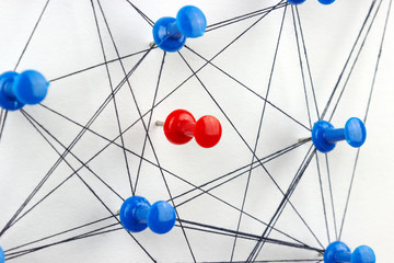red needle between blue needles, connected together by a thread, symbol of communication between objects that ignore one object
