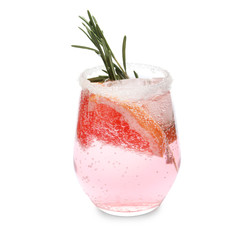 Fresh grapefruit cocktail with rosemary in glass on white background