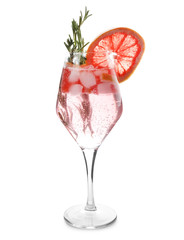 Fresh grapefruit cocktail with rosemary in glass on white background
