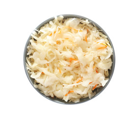 Bowl with delicious sauerkraut on white background