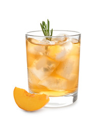 Peach cocktail in glass on white background