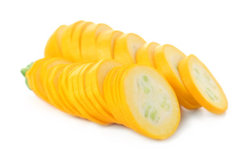 Fresh sliced zucchinis on white background
