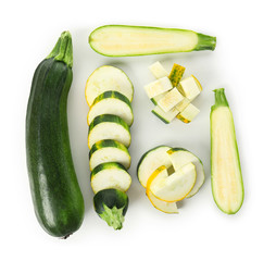 Fresh sliced zucchinis on white background