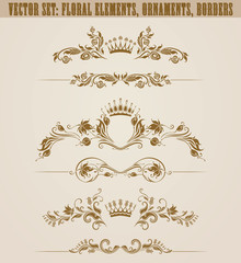 Set of filigree damask ornaments. Floral golden elements,