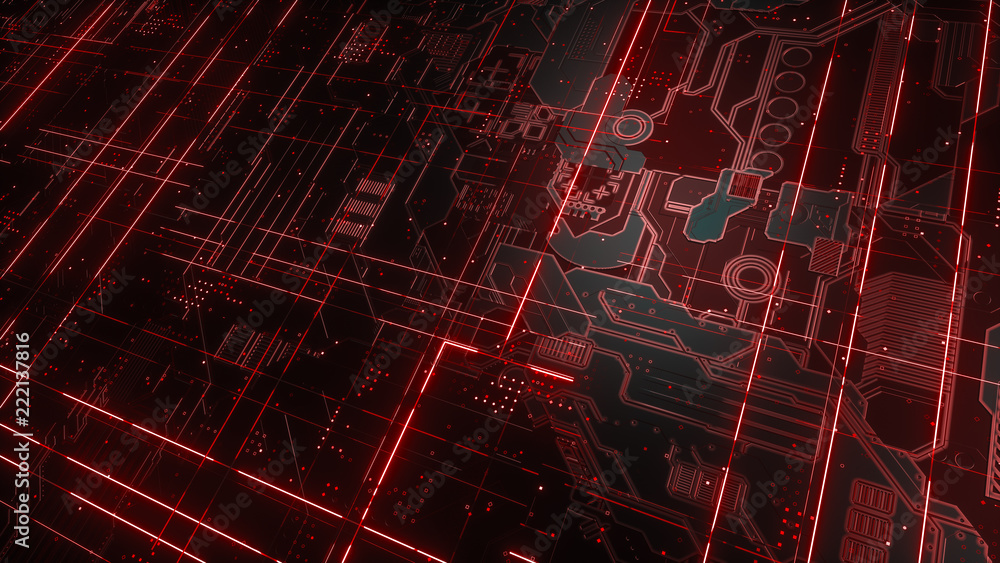 Poster digital electronic circuit board. abstract structure of many glowing lines and geometric elements. c