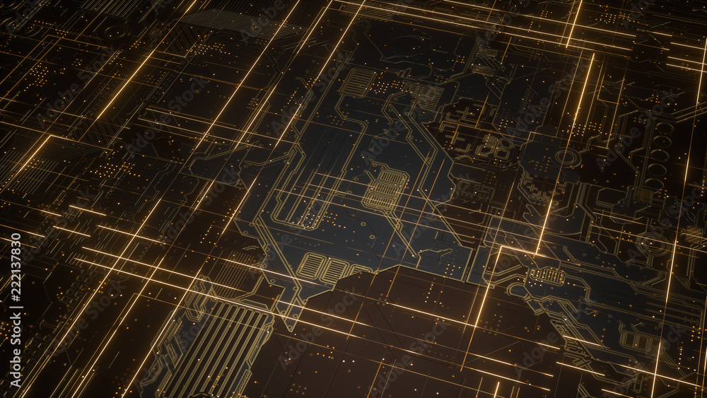 Poster digital electronic circuit board. abstract structure of many glowing lines and geometric elements. c