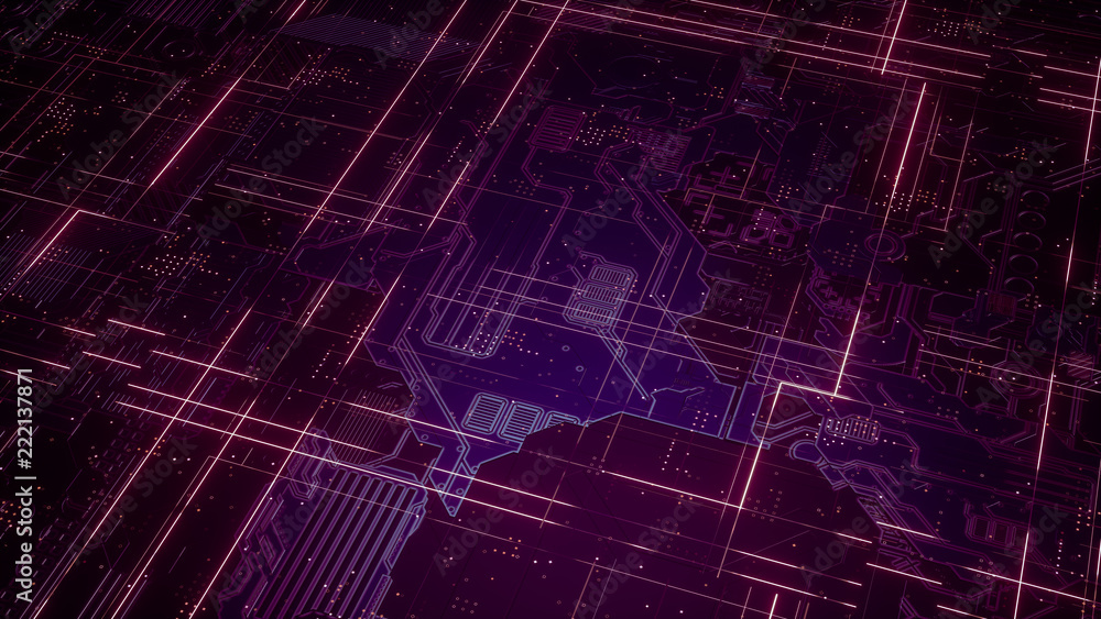 Poster digital electronic circuit board. abstract structure of many glowing lines and geometric elements. c