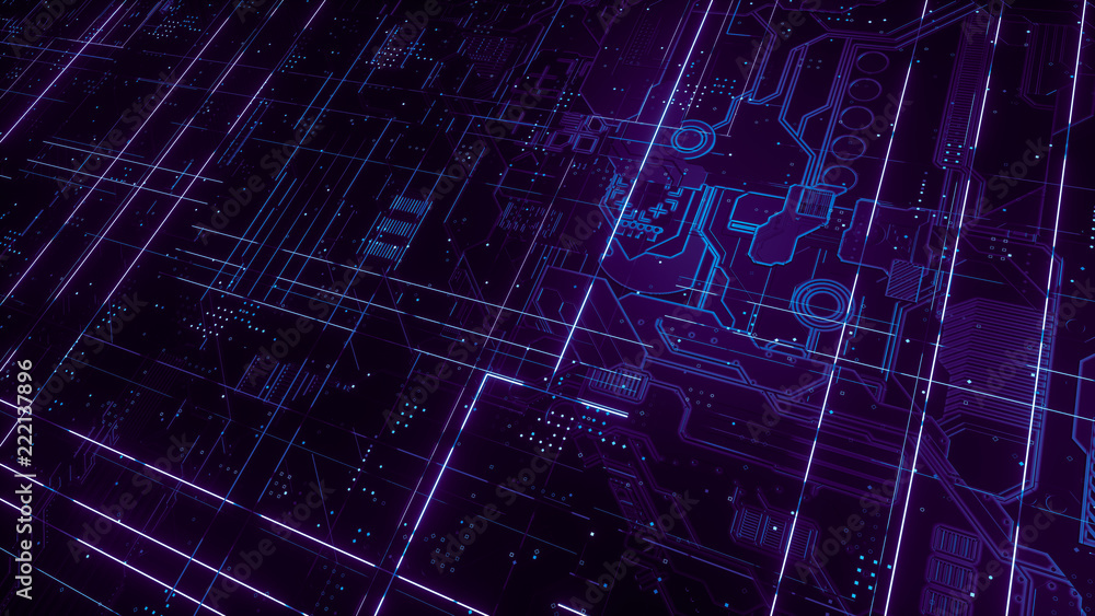 Poster digital electronic circuit board. abstract structure of many glowing lines and geometric elements. c
