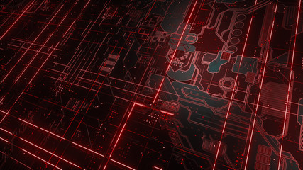 Digital electronic circuit board. Abstract structure of many glowing lines and geometric elements. Creative technology concept. Luminous and metal elements on black background. 3d rendering