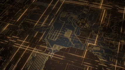 Digital electronic circuit board. Abstract structure of many glowing lines and geometric elements. Creative technology concept. Luminous and metal elements on black background. 3d rendering