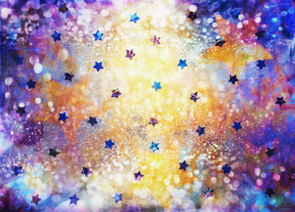 Blue and yellow background with stars and bokeh