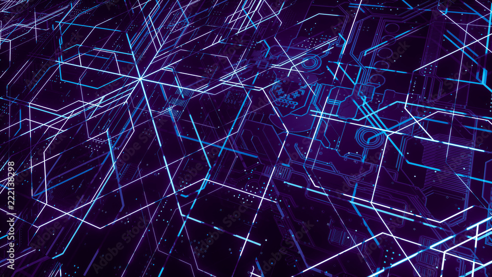Poster digital electronic circuit board. abstract structure of many glowing lines and geometric elements. c