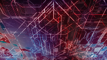 Digital electronic circuit board. Abstract structure of many glowing lines and geometric elements. Creative technology concept. Luminous and metal elements on black background. 3d rendering