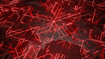 Digital electronic circuit board. Abstract structure of many glowing lines and geometric elements. Creative technology concept. Luminous and metal elements on black background. 3d rendering