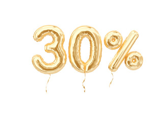 30 % sale banner golden flying foil balloons on white. 3d rendering.
