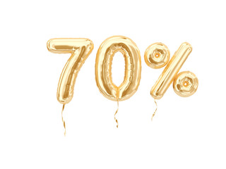 70 % sale banner golden flying foil balloons on white. 3d rendering. - obrazy, fototapety, plakaty