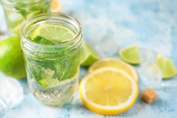 Jar of fresh mojito on light table
