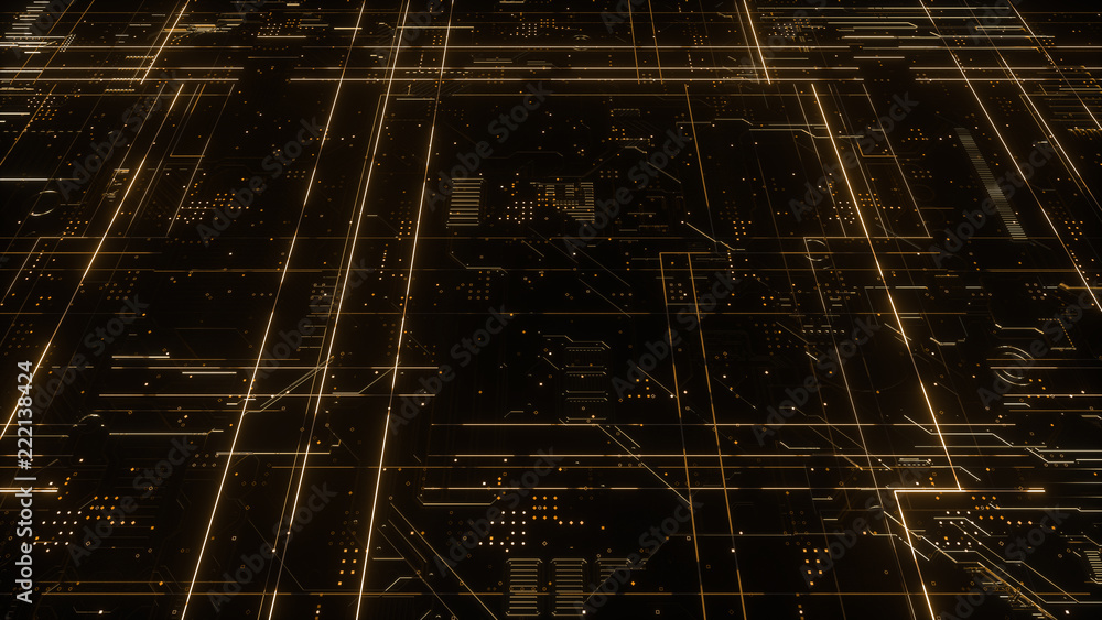 Poster digital electronic circuit board. abstract structure of many glowing lines and geometric elements. c
