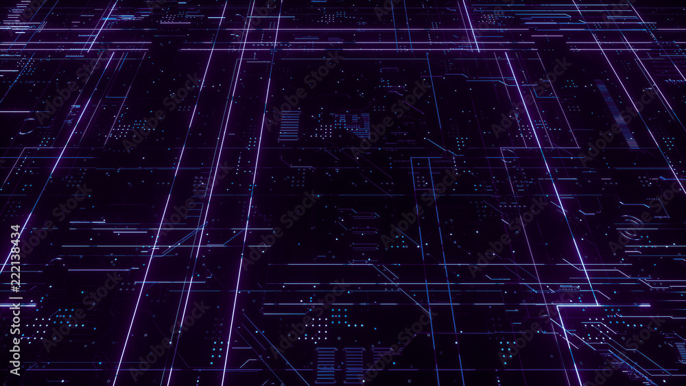 Poster digital electronic circuit board. abstract structure of many glowing lines and geometric elements. c