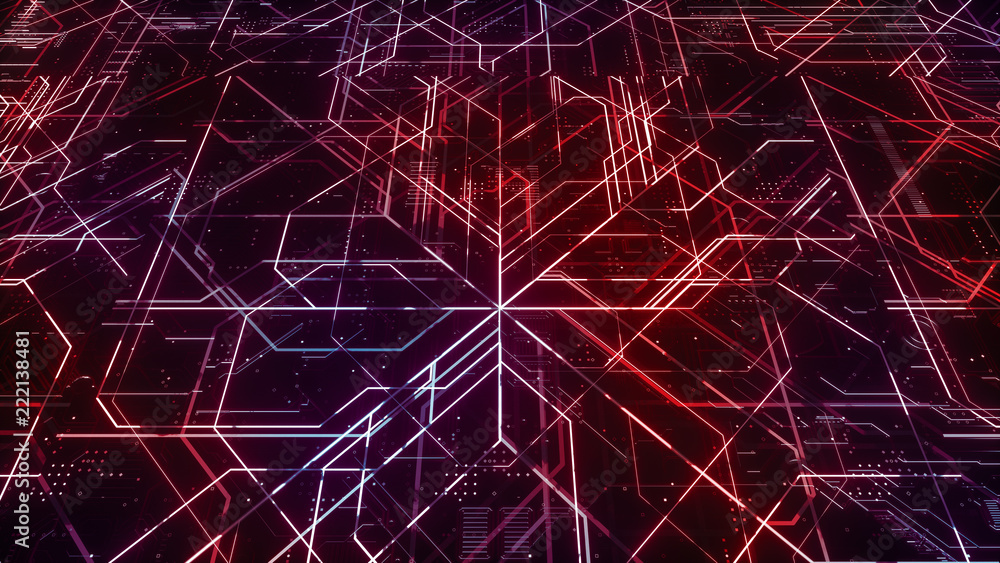 Poster digital electronic circuit board. abstract structure of many glowing lines and geometric elements. c