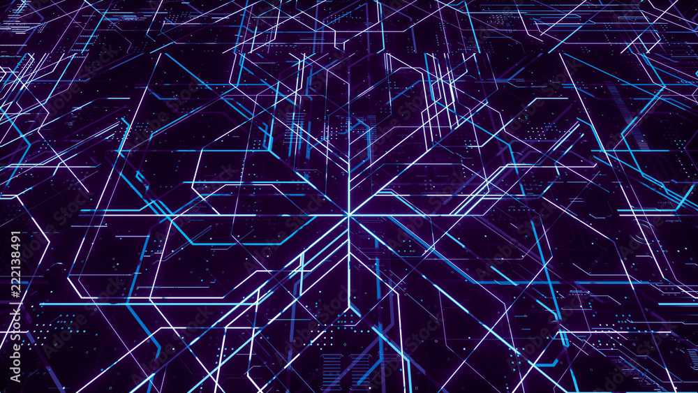 Poster digital electronic circuit board. abstract structure of many glowing lines and geometric elements. c