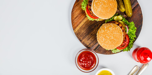 Homemade hamburgers, flat lay