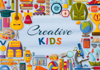 Creative kids background with 3d paper cut signs. Children creativity concept
