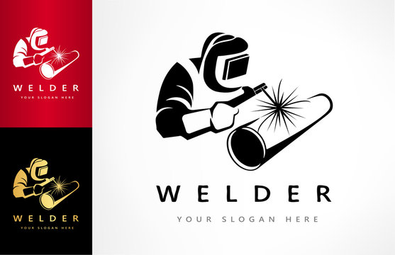 Welder welds a pipe in welding mask logo vector