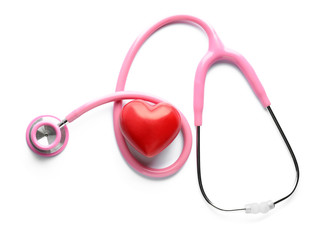 Medical stethoscope and red heart on white background. Cardiology concept