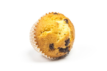 The tasty muffins with chocolate isolated on white background.
