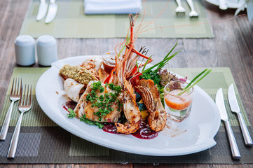 Large mix seafood platter - Prawns Squids Salmon Fillet, grilled seabass with spicy and cocktail...