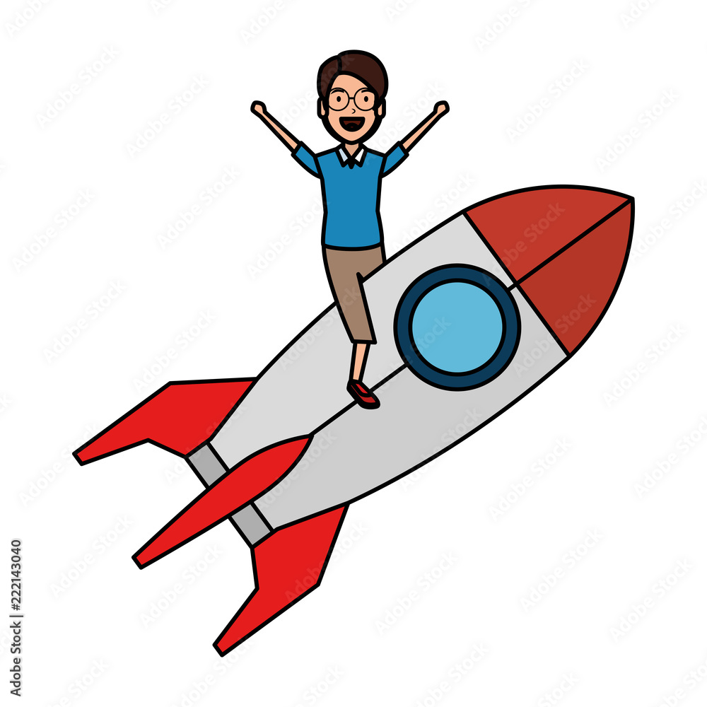 Poster young man on rocket startup