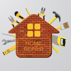 Vector construction tools with brick house. Home repair. Vector illustration