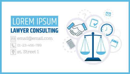 Lawyer consulting. Justice scales. A business card template of a law firm or company. Flyer legal services