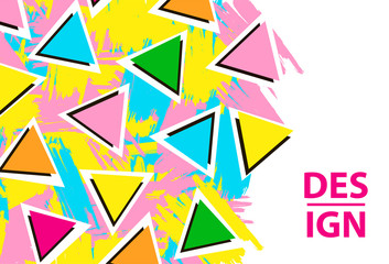 Abstract colorful brush strokes and triangles on the white background. Template for card, banner, poster.