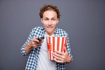 Portrait of stylish trendy attractive handsome funny young man w